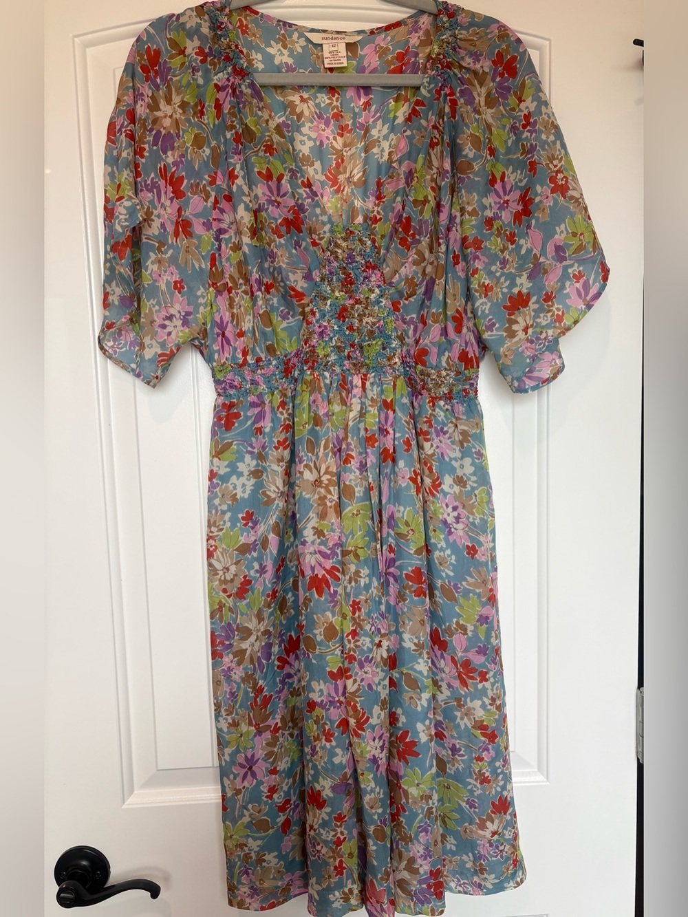 Sundance 100% Silk Floral Smocked Midi Dress Blue Size 12